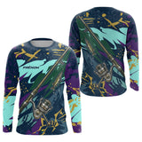 Maillot Pêche Brochet & Canne 3D - Personnalisé Bleu & Violet - Long Sleeves Homme