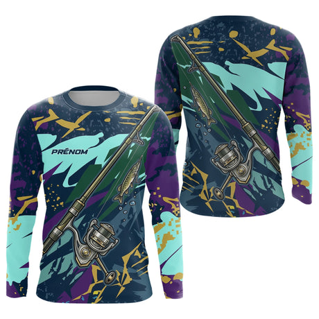 Maillot Pêche Brochet & Canne 3D - Personnalisé Bleu & Violet - Long Sleeves Homme