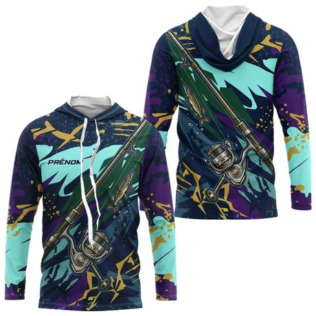 Maillot Pêche Brochet & Canne 3D - Personnalisé Bleu & Violet - Long Sleeves Hoodie Homme