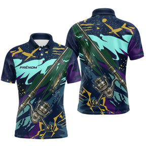 Maillot Pêche Brochet & Canne 3D - Personnalisé Bleu & Violet - Polo Homme