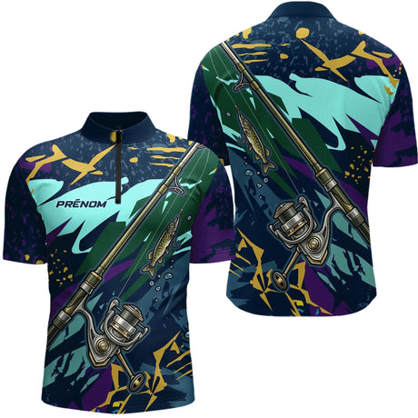 Maillot Pêche Brochet & Canne 3D - Personnalisé Bleu & Violet - Polo Zippé Homme