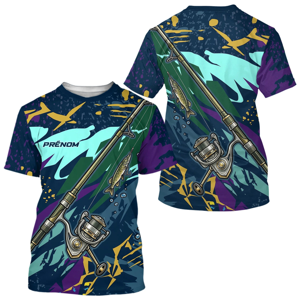 Maillot Pêche Brochet & Canne 3D - Personnalisé Bleu & Violet - T-Shirt Homme