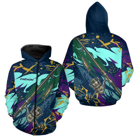 Maillot Pêche Brochet & Canne 3D - Personnalisé Bleu & Violet - Zippé Hoodie Homme
