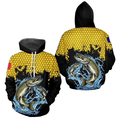 Maillot Pêche Brochet Jaune & Noir - Style Drapeau France - Hoodie Homme