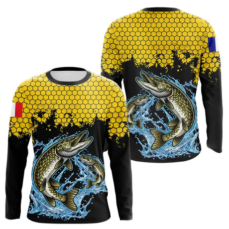 Maillot Pêche Brochet Jaune & Noir - Style Drapeau France - Long Sleeves Homme