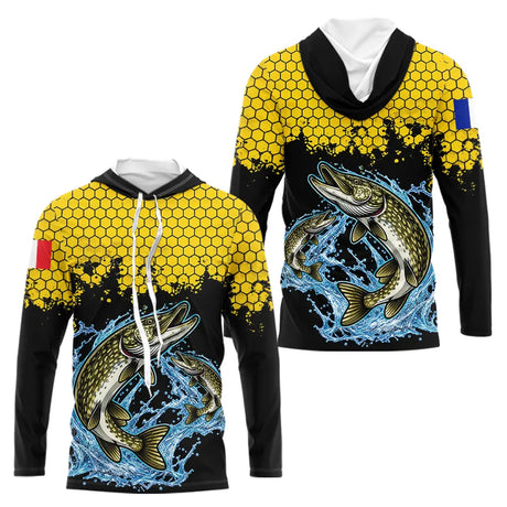 Maillot Pêche Brochet Jaune & Noir - Style Drapeau France - Long Sleeves Hoodie Homme