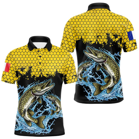 Maillot Pêche Brochet Jaune & Noir - Style Drapeau France - Polo Homme
