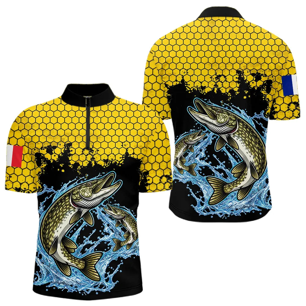 Maillot Pêche Brochet Jaune & Noir - Style Drapeau France - Polo Zippé Homme