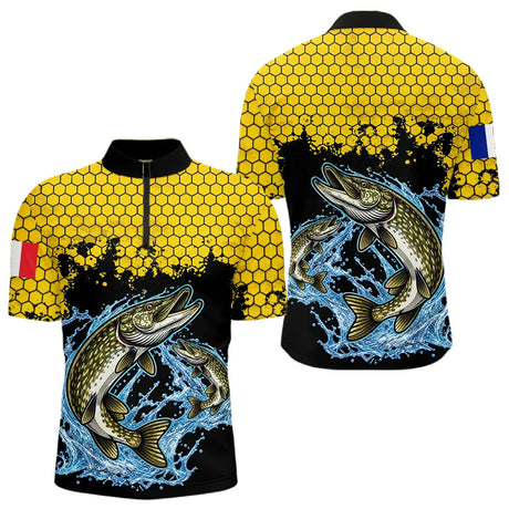 Maillot Pêche Brochet Jaune & Noir - Style Drapeau France - Polo Zippé Homme