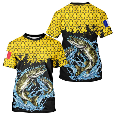 Maillot Pêche Brochet Jaune & Noir - Style Drapeau France - T-Shirt Homme