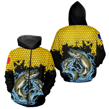 Maillot Pêche Brochet Jaune & Noir - Style Drapeau France - Zippé Hoodie Homme