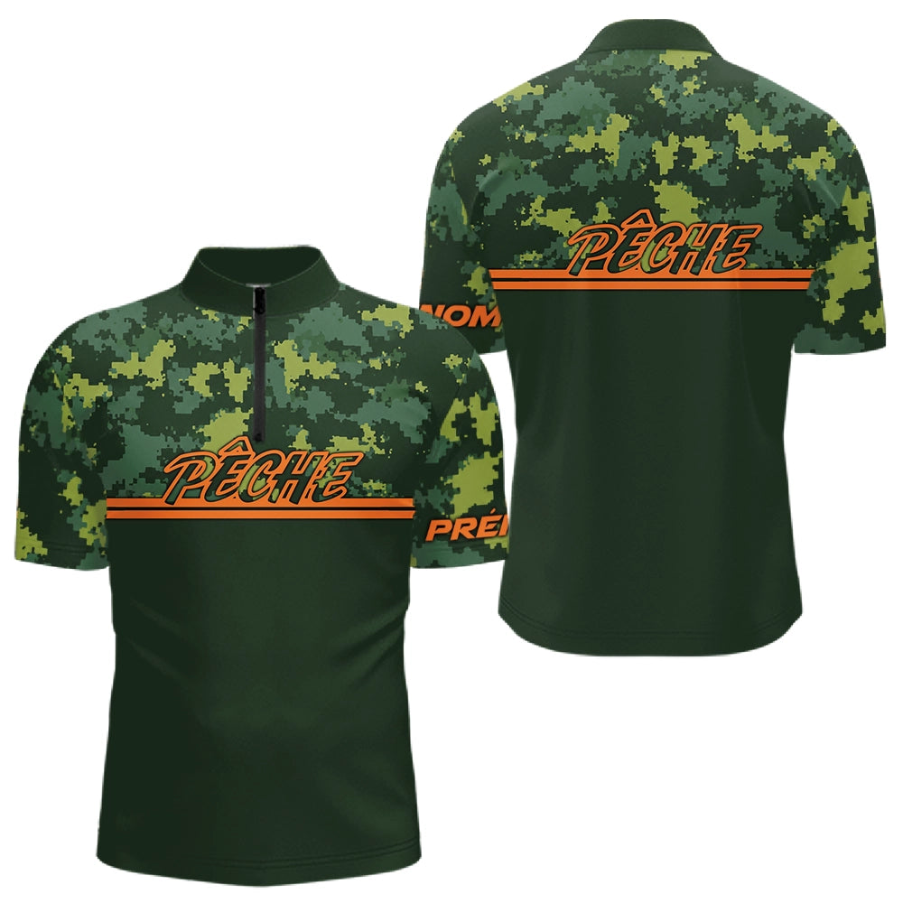 Maillot Pêche Camouflage Personnalisé - Vert & Orange Homme - Polo Zippé Homme