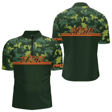 Maillot Pêche Camouflage Personnalisé - Vert & Orange Homme - Polo Zippé Homme