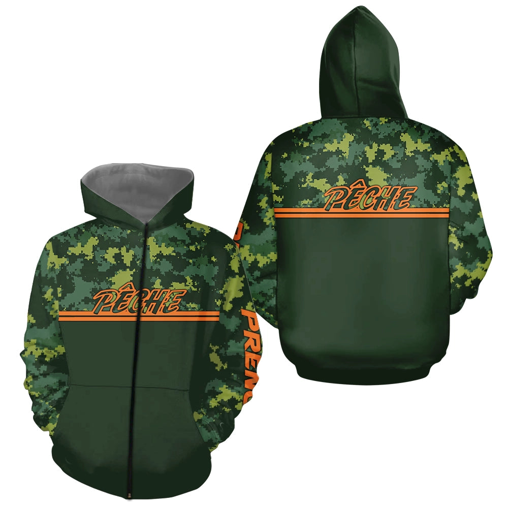 Maillot Pêche Camouflage Personnalisé - Vert & Orange Homme - Zippé Hoodie Homme