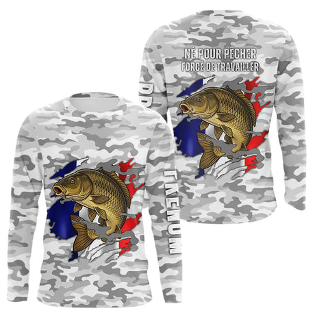 Maillot Pêche Carpe Camo Gris Personnalisé - Drapeau France - Long Sleeves Homme