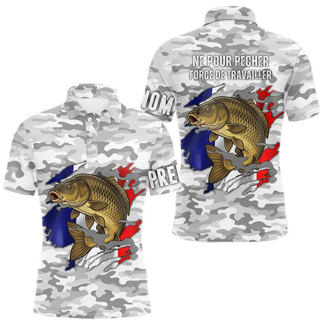 Maillot Pêche Carpe Camo Gris Personnalisé - Drapeau France - Polo Homme