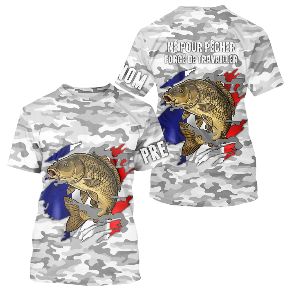 Maillot Pêche Carpe Camo Gris Personnalisé - Drapeau France - T-Shirt Homme