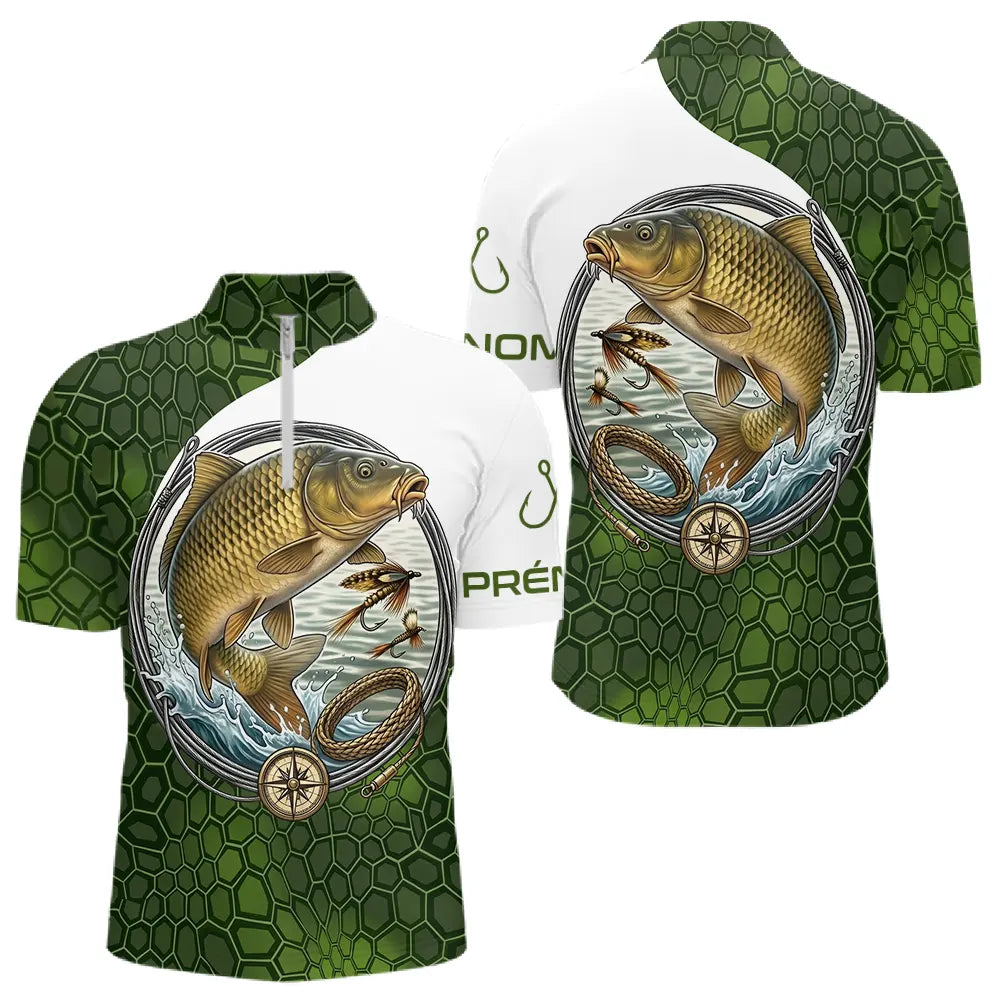 Maillot Pêche Carpe Camouflage Manches Longues - Kaki Blanc - Polo Zippé Homme