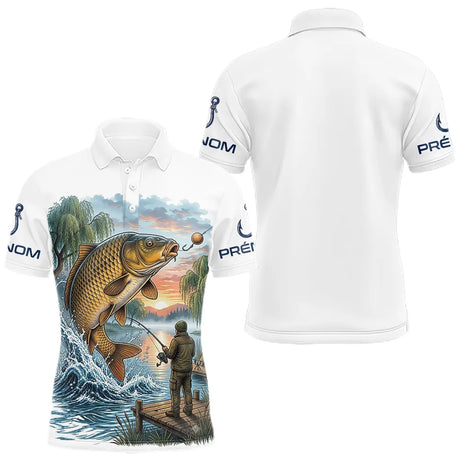 Maillot Pêche Carpe & Coucher du Soleil - Blanc Homme - Polo Homme