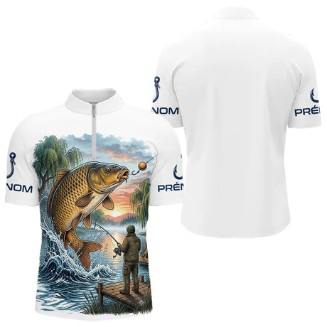 Maillot Pêche Carpe & Coucher du Soleil - Blanc Homme - Polo Zippé Homme
