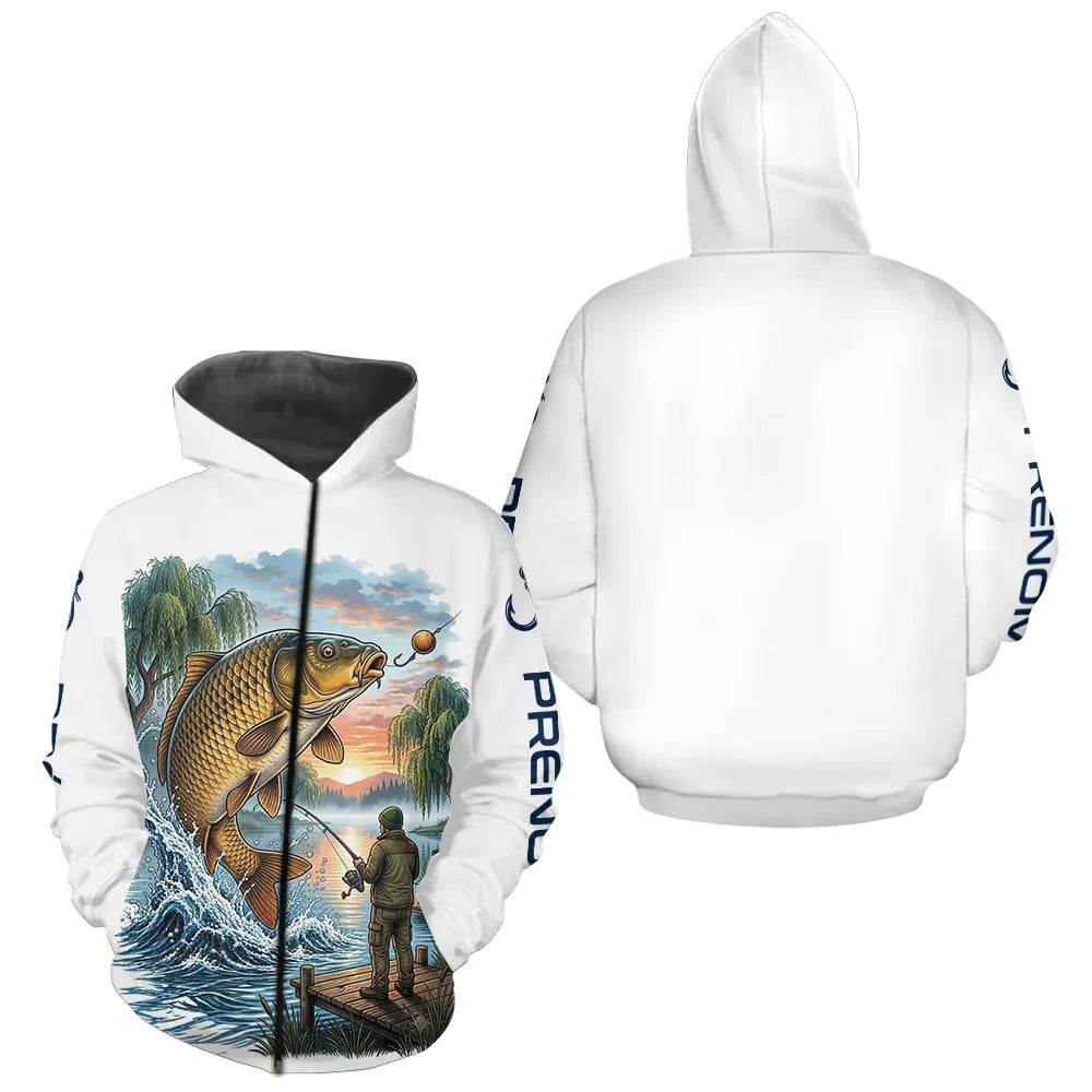 Maillot Pêche Carpe & Coucher du Soleil - Blanc Homme - Zippé Hoodie Homme