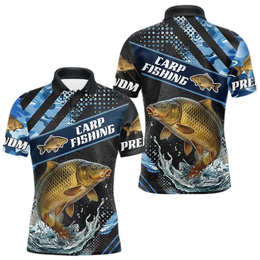 Maillot Pêche Carpiste Bleue à Manches Longues - Homme Personnalisé - Polo Homme