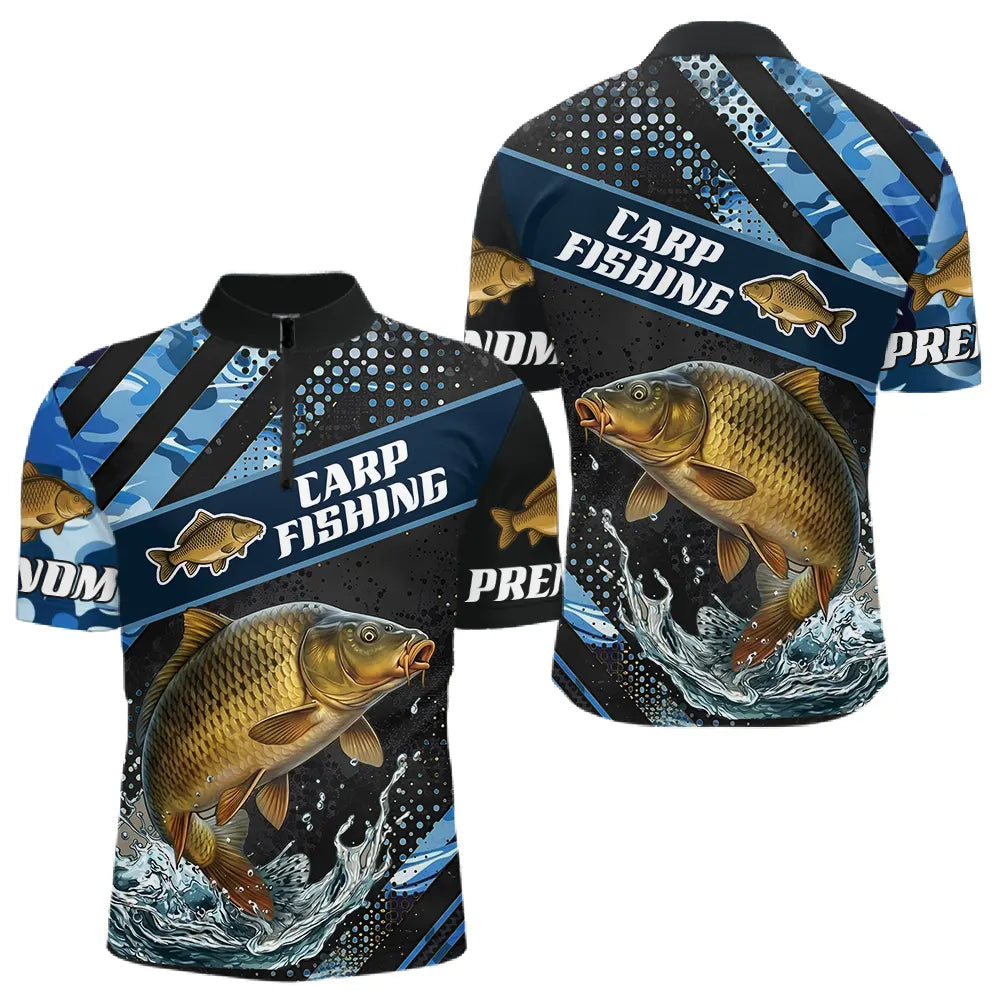 Maillot Pêche Carpiste Bleue à Manches Longues - Homme Personnalisé - Polo Zippé Homme