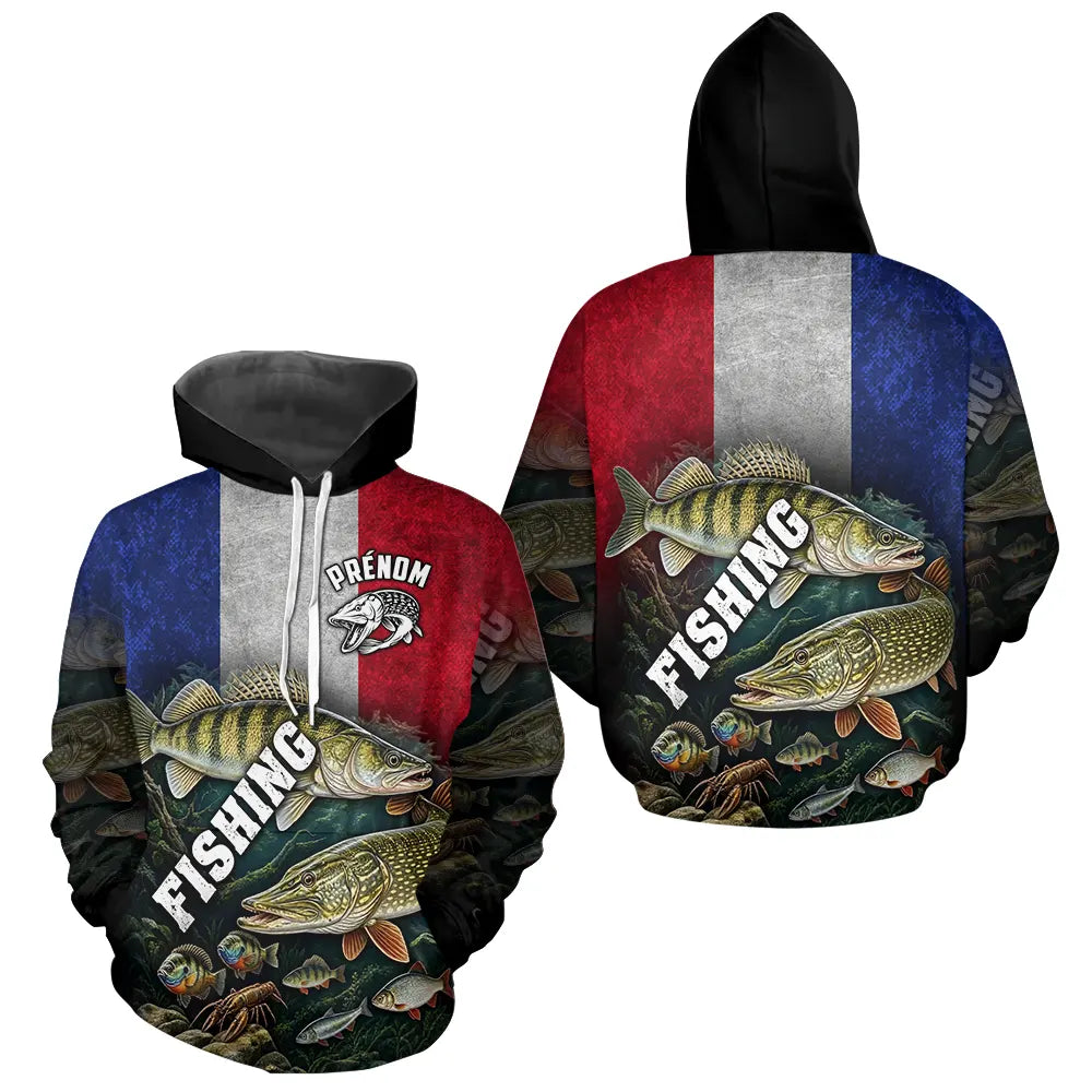 Maillot Pêche Drapeau France - Design Le Brochet et Bleu Blanc Rouge - Hoodie Homme