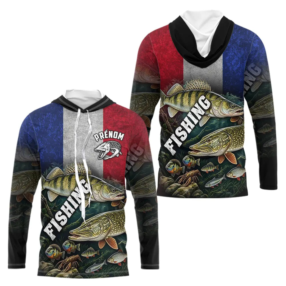 Maillot Pêche Drapeau France - Design Le Brochet et Bleu Blanc Rouge - Sweat Homme