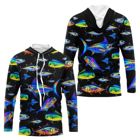 Maillot Pêche Homme - Sportive Noir & Poissons Colorés - Long Sleeves Hoodie Homme