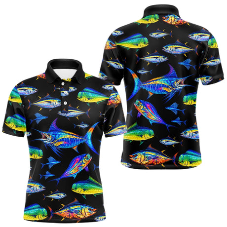 Maillot Pêche Homme - Sportive Noir & Poissons Colorés - Polo Homme