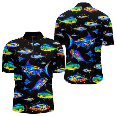 Maillot Pêche Homme - Sportive Noir & Poissons Colorés - Polo Zippé Homme