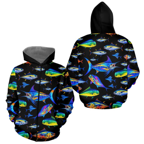 Maillot Pêche Homme - Sportive Noir & Poissons Colorés - Zippé Hoodie Homme