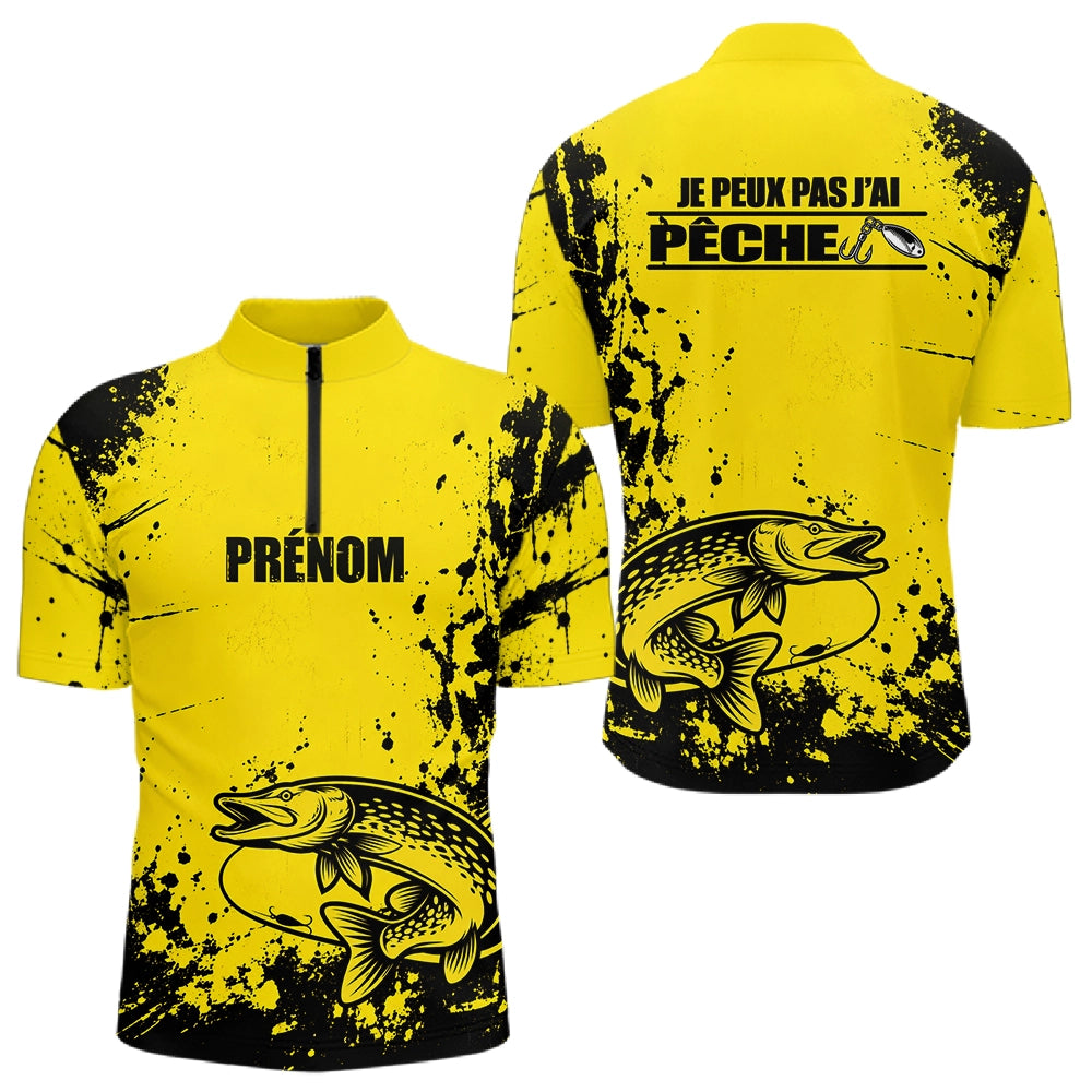 Maillot Pêche Jaune & Noir - Brochet Personnalisé Homme - Polo Zippé Homme