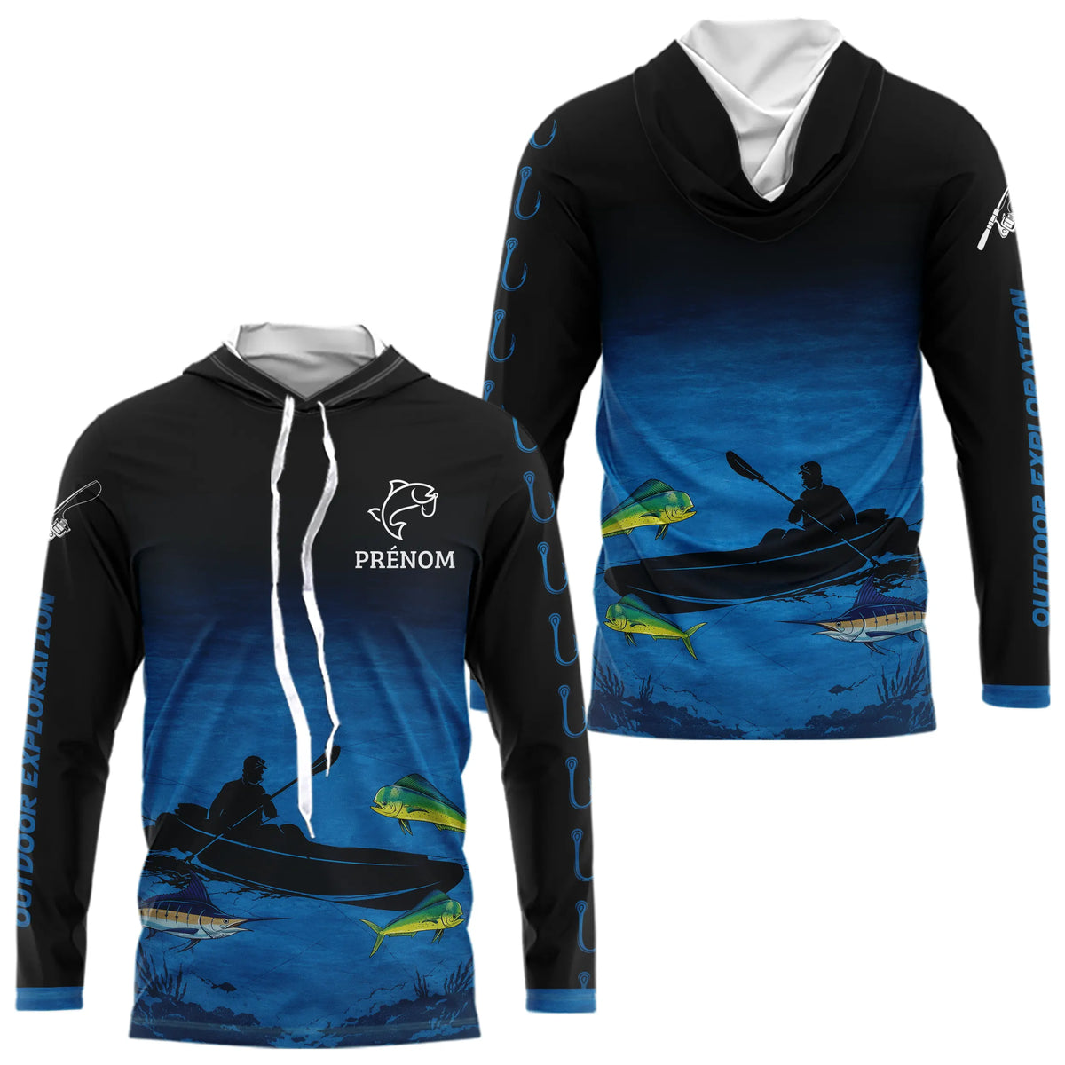 Maillot Pêche Kayak Homme - Bleu & Noir Personnalisé - Long Sleeves Hoodie Homme