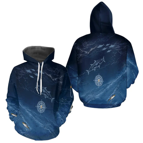 Maillot Pêche Manche Longue Thon Bleu Marine Boussole UV - Hoodie Homme