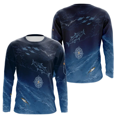 Maillot Pêche Manche Longue Thon Bleu Marine Boussole UV - Long Sleeve Shirt Homme