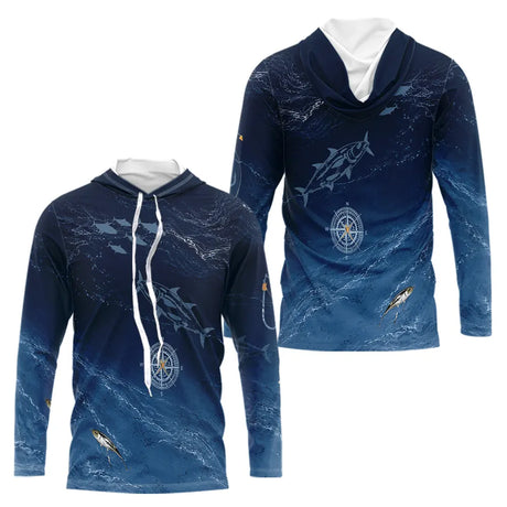 Maillot Pêche Manche Longue Thon Bleu Marine Boussole UV - Long Sleeve Shirt Hoodie Homme