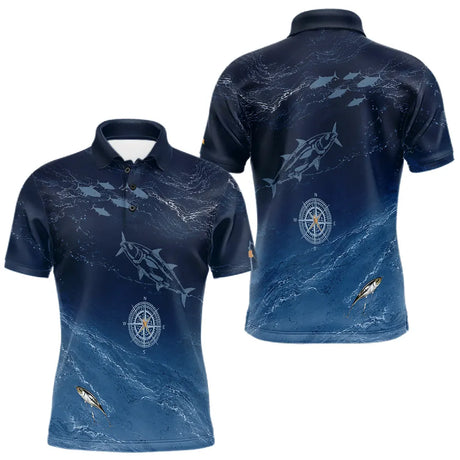 Maillot Pêche Manche Longue Thon Bleu Marine Boussole UV - Polo Homme