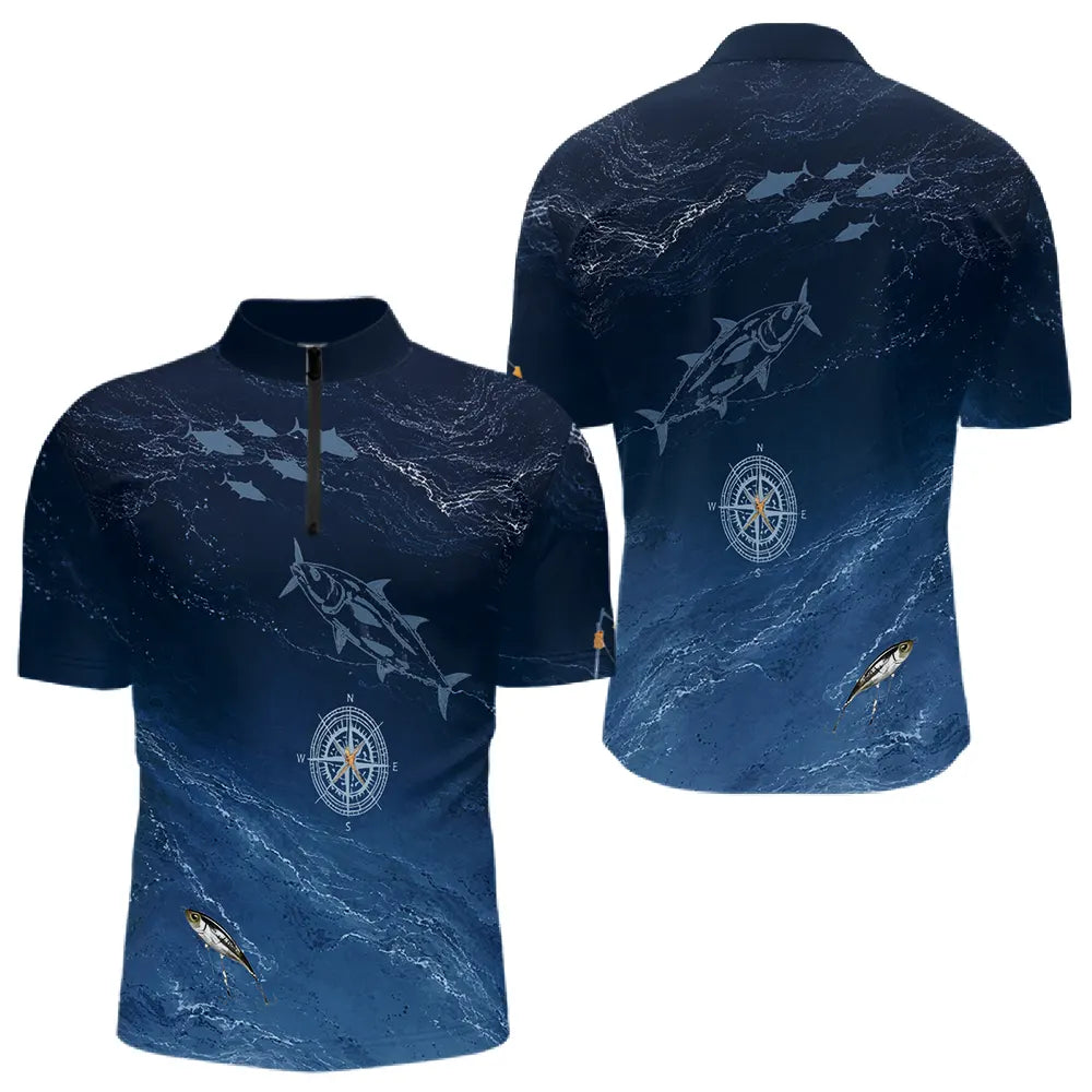 Maillot Pêche Manche Longue Thon Bleu Marine Boussole UV - Polo Zippé Homme