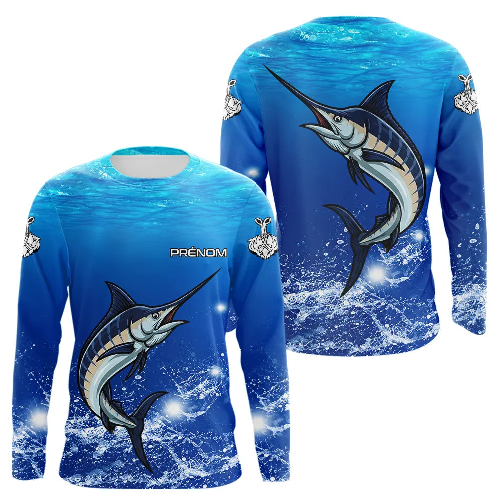Maillot Pêche Marlin Bleu Anti-UV Personnalisé - Long Sleeves Homme