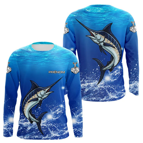 Maillot Pêche Marlin Bleu Anti-UV Personnalisé - Long Sleeves Homme