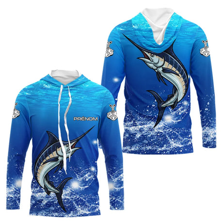 Maillot Pêche Marlin Bleu Anti-UV Personnalisé - Long Sleeves Hoodie Homme