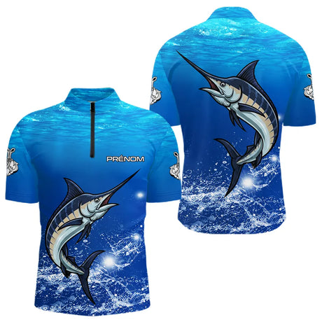 Maillot Pêche Marlin Bleu Anti-UV Personnalisé - Polo Zippé Homme