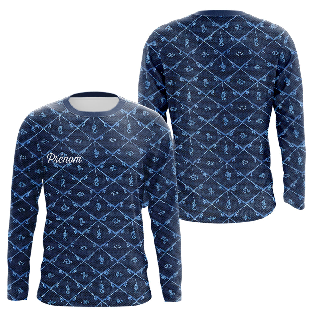 Maillot Pêche Mer Bleu Azur - Motif Filet Personnalisé - Long Sleeve Homme