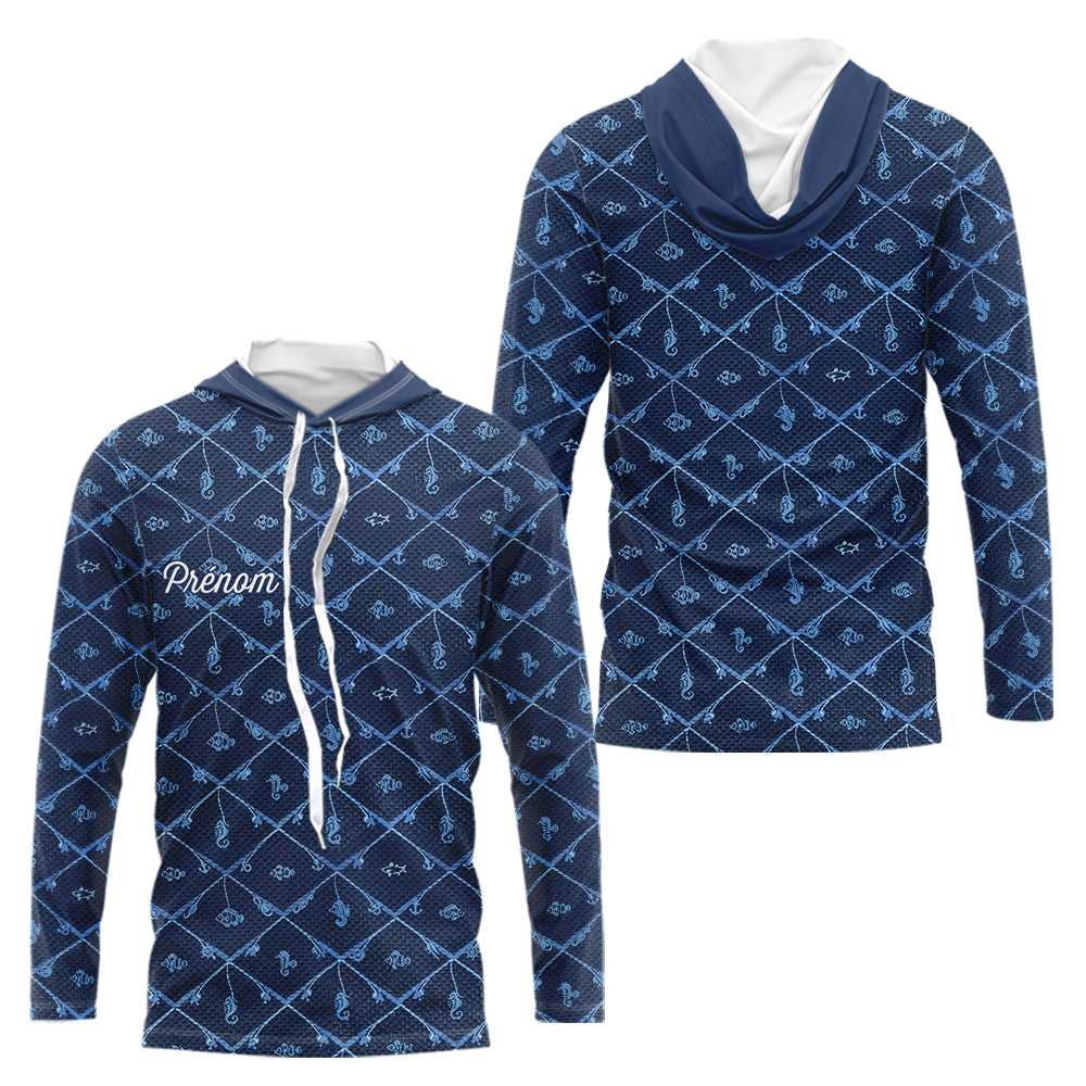 Maillot Pêche Mer Bleu Azur - Motif Filet Personnalisé - Long Sleeve Hoodie Homme