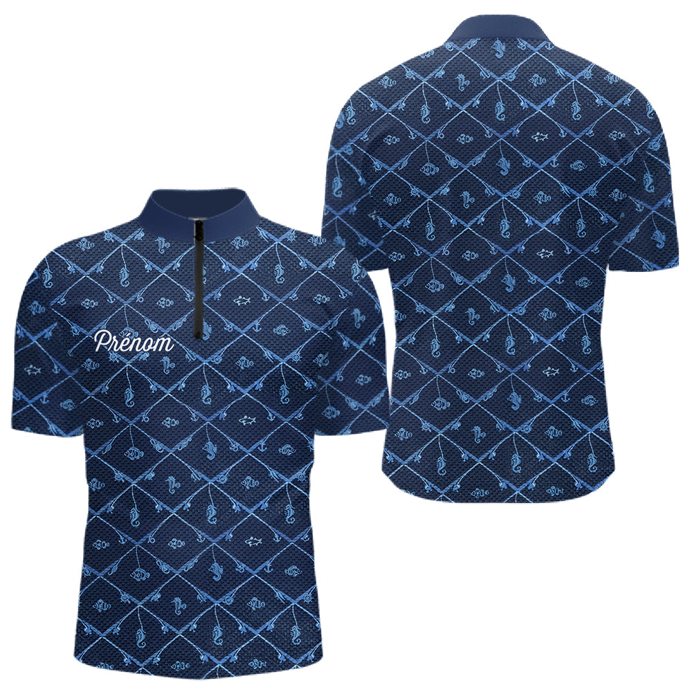 Maillot Pêche Mer Bleu Azur - Motif Filet Personnalisé - Polo Zippé Homme