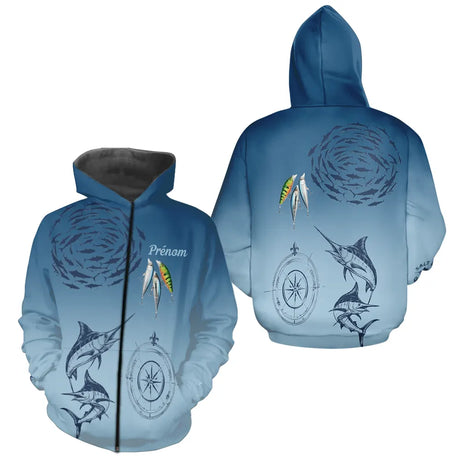 Maillot Pêche Mer Bleu Marlin Personnalisé - Cadeau Homme - Zippé Hoodie Homme