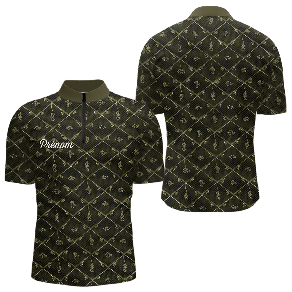 Maillot Pêche Mer Vert Azur - Motif Filet Personnalisé - Homme Polo Zippé