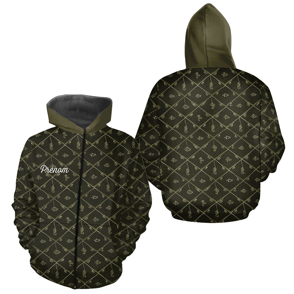 Maillot Pêche Mer Vert Azur - Motif Filet Personnalisé - Homme Zippé Hoodie